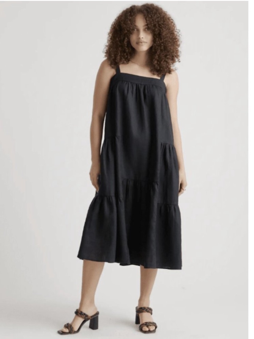 Quince 100% Linen Black Trapeze Midi Dress Sleeveless Tiered Flowy NWT Womens XL